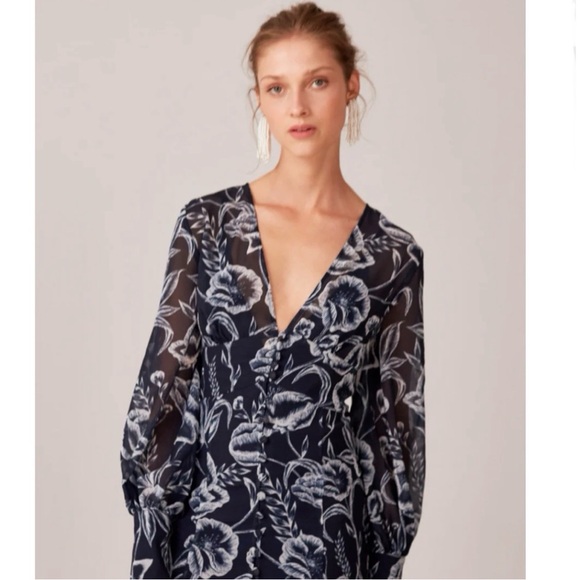 C/MEO Collection Discretion Navy Blue Floral Print Midi Dress - Sz S - Picture 1 of 16